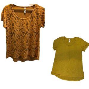 2 LuLaRoe Shirts Womens S Mustard Yellow Blouse Short Sleeve Stretch Top Flowy